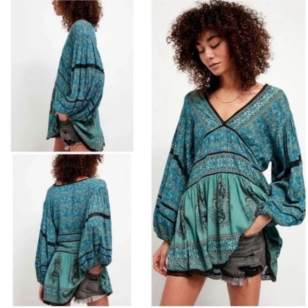 Free People Tunic Luna Scarf Print Romantic Babydoll Ocean Combo Rayon Size XS